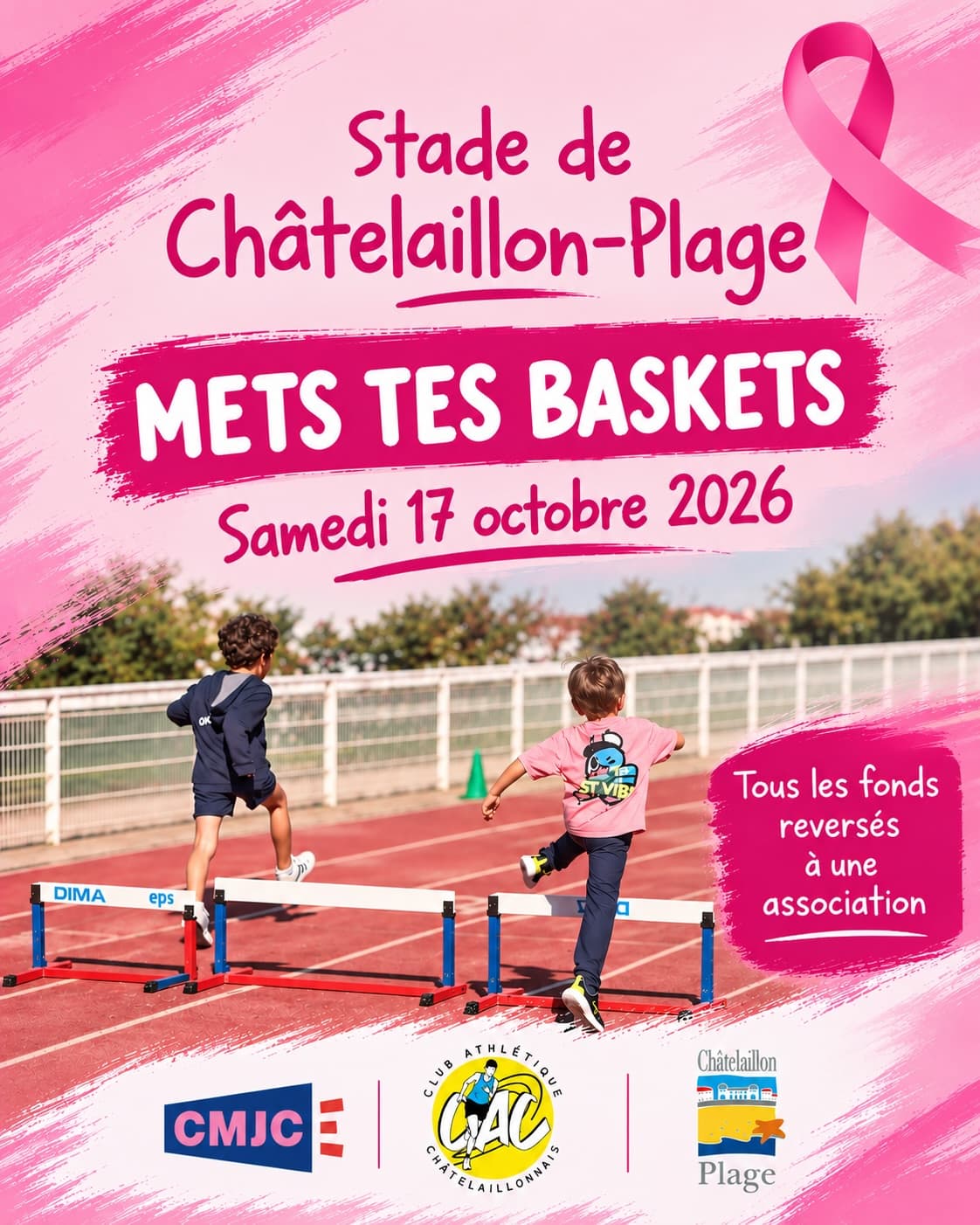 Affiche rose de « Mets tes baskets » au stade de Châtelaillon-Plage, avec deux enfants franchissant des haies sur la piste