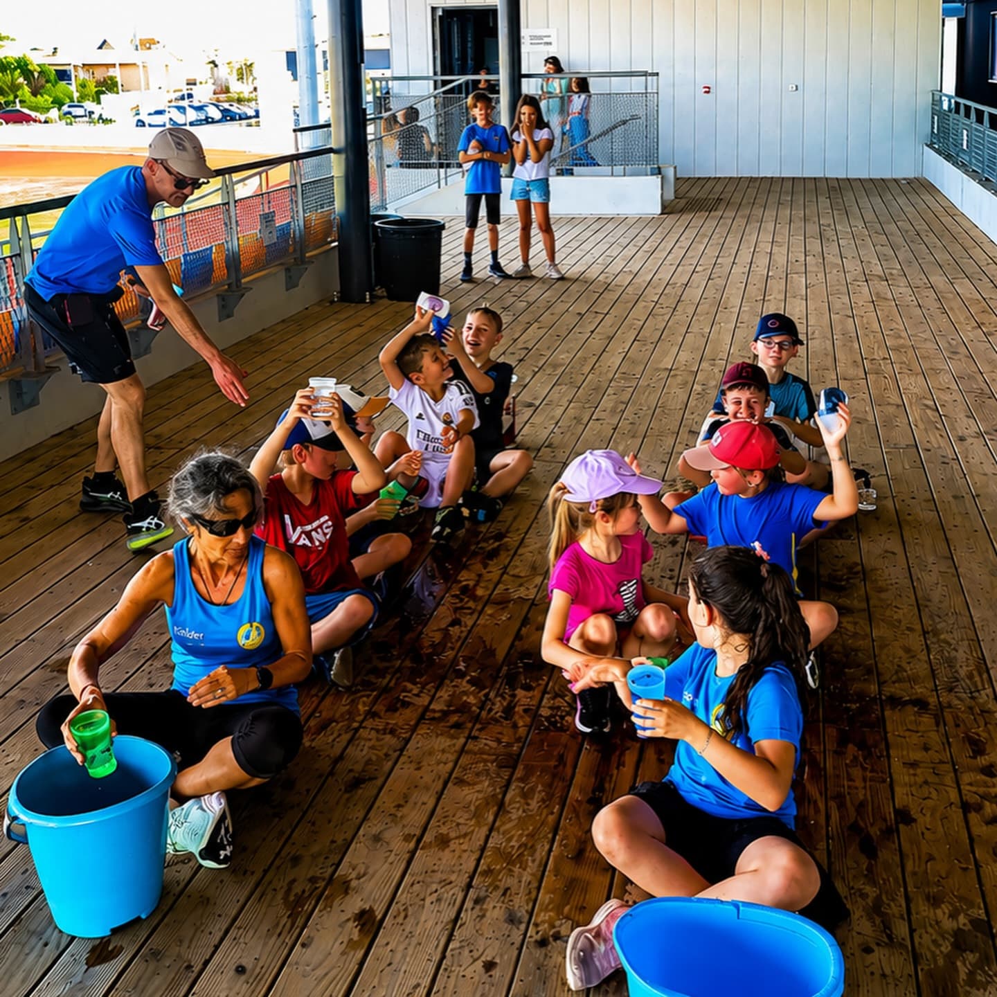 Les jeunes du CAC assis en cercle sur une terrasse en bois, gobelets d'eau à la main, avec leurs encadrants