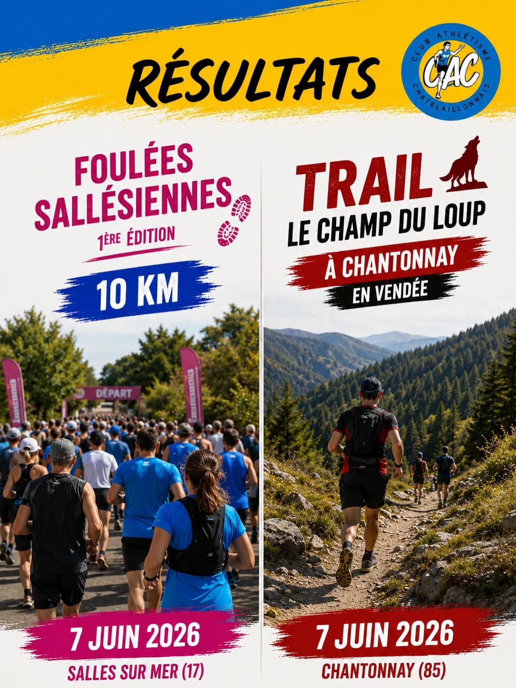 Affiche des résultats du CAC aux Foulées Sallésiennes et au Trail du Champ du Loup